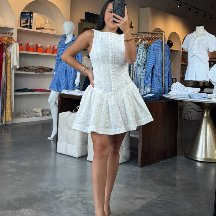 White Eyelet Lace Button Front Mini Dress