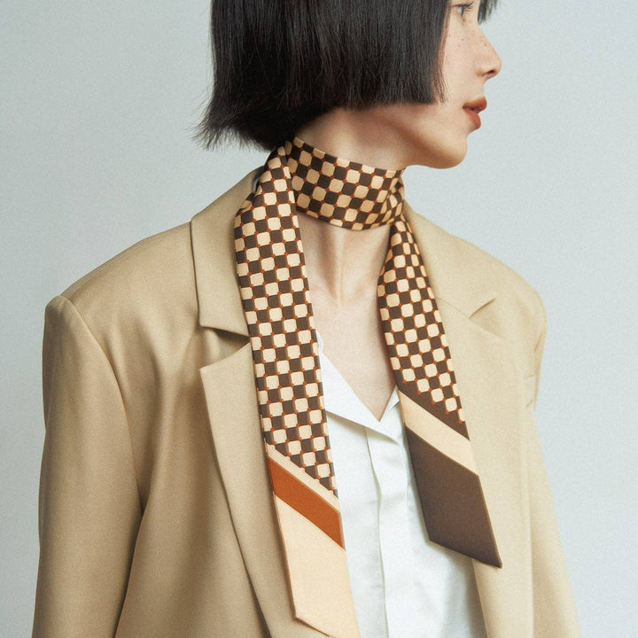 Coffee Checkerboard Silk Twilly Scarf