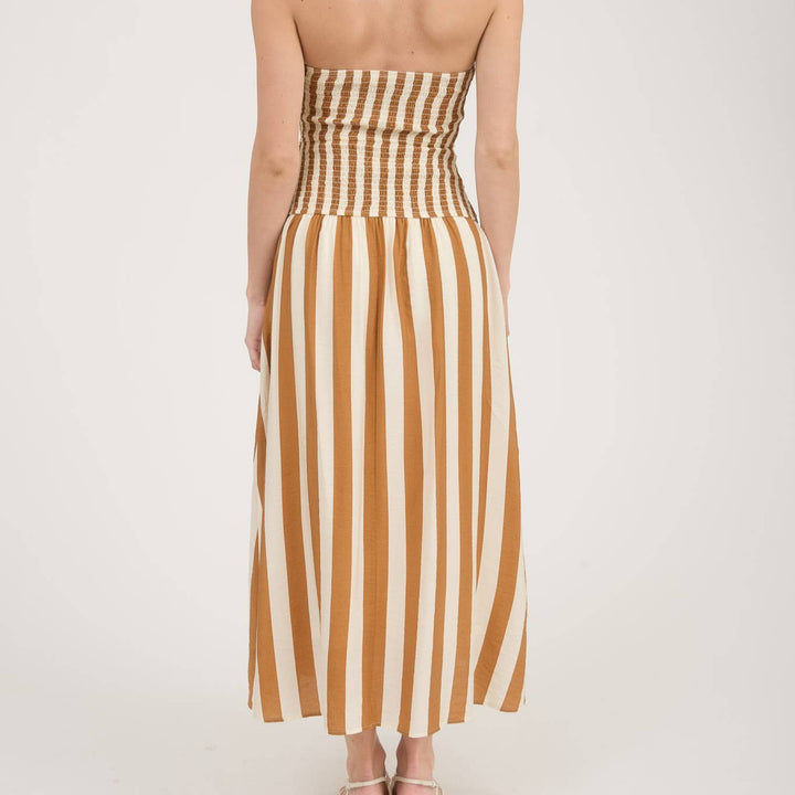Vertical Stripe Strapless Midi Dress