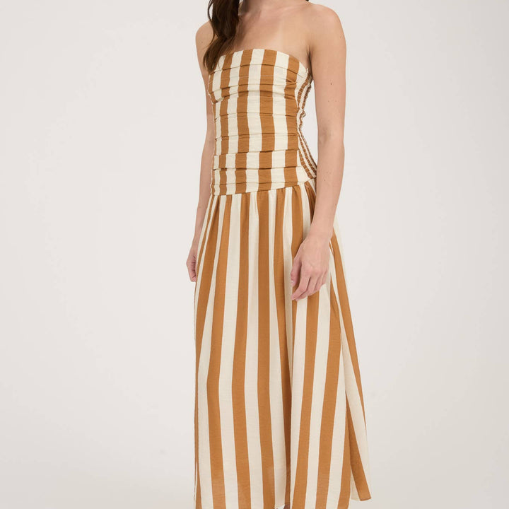 Vertical Stripe Strapless Midi Dress