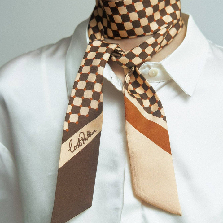 Coffee Checkerboard Silk Twilly Scarf
