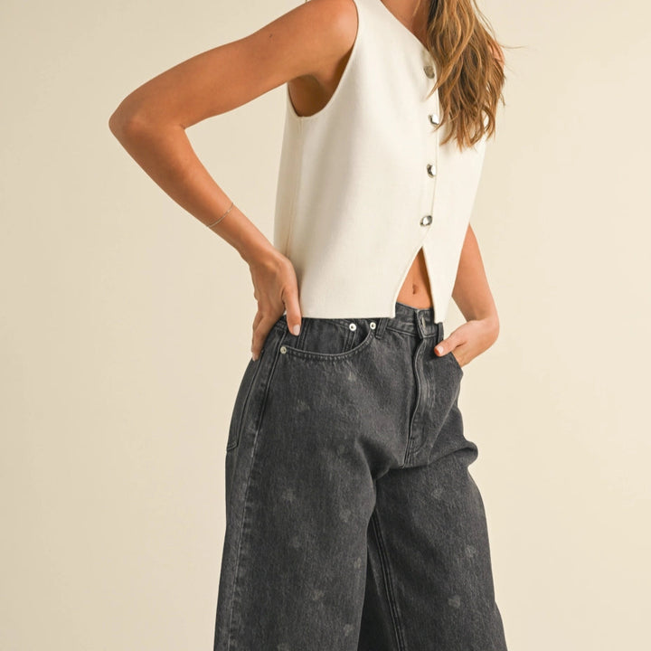 White Metal Button Detail Knit Vest