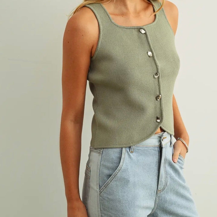 Sage Sleeveless Knitted Button Vest