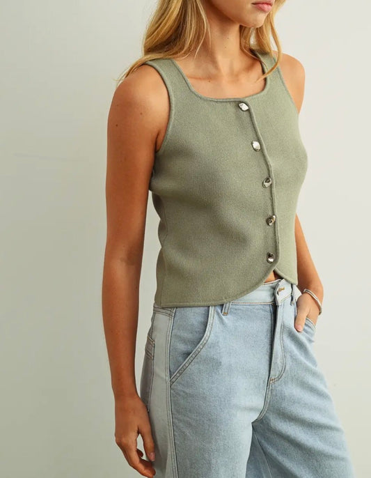 Sage Sleeveless Knitted Button Vest