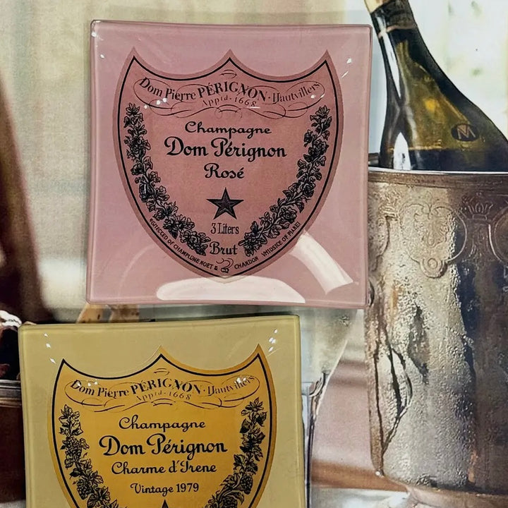 Vintage Dom Pérignon Rose Decoupage Glass Tray
