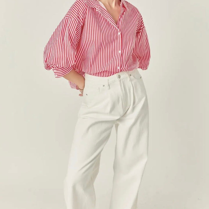 Red Harper Balloon Sleeve Striped Shirt
