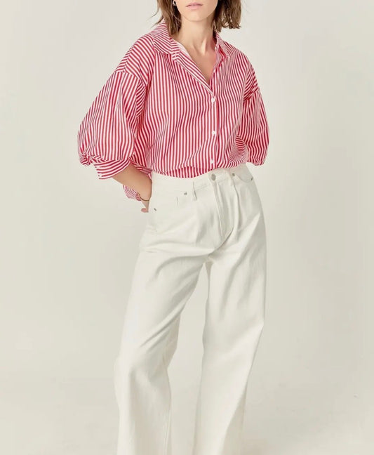 Red Harper Balloon Sleeve Striped Shirt
