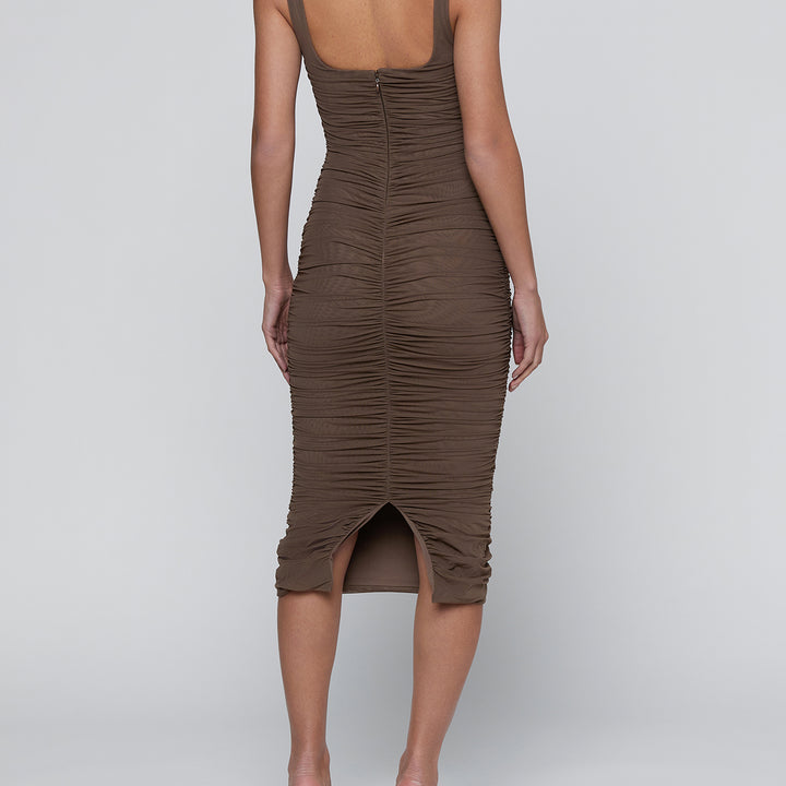 Dark Cardamom Anya Shirred Midi Dress