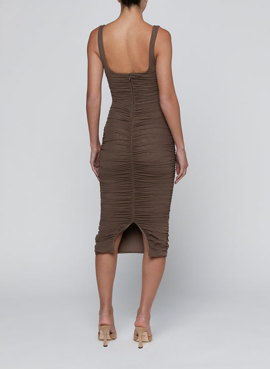 Dark Cardamom Anya Shirred Midi Dress