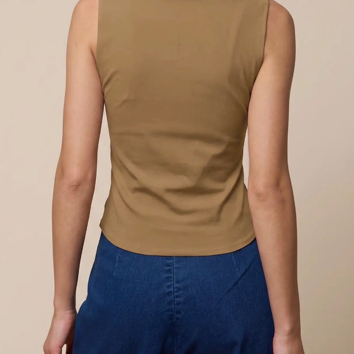 Mocha Zip Up Sleeveless Blouse