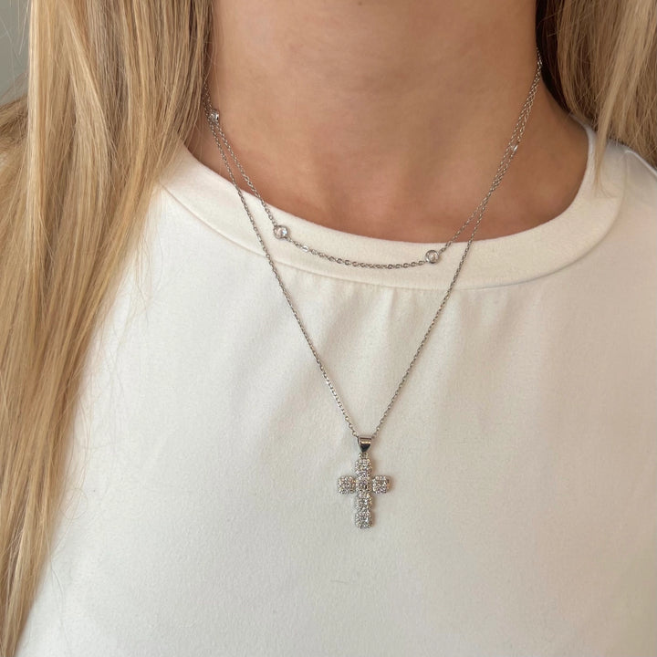 Silver Adjustable Diamond Cross Necklace