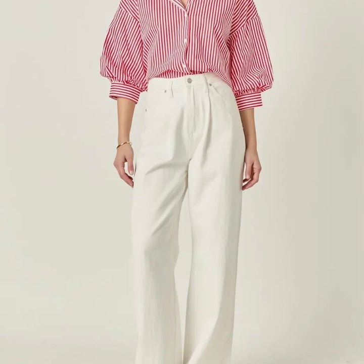 Red Harper Balloon Sleeve Striped Shirt