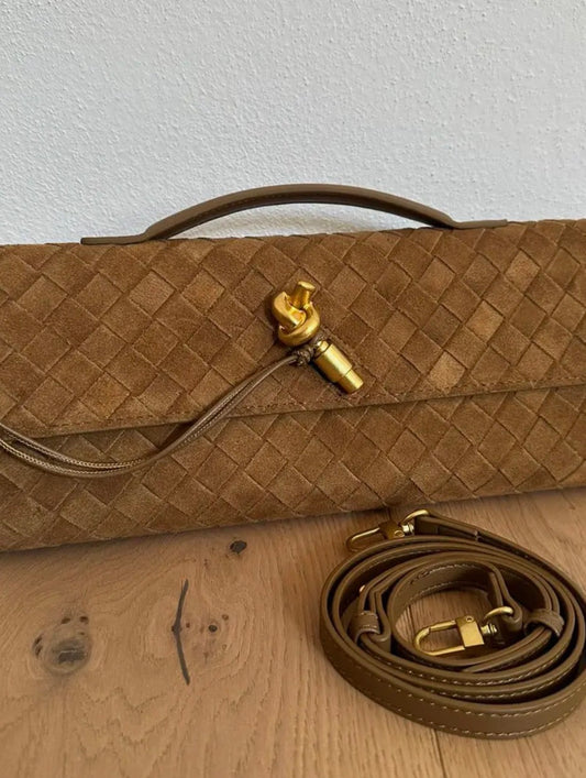 Camel Suede Knot Clutch