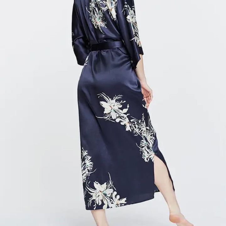 Midnight Washable Silk Yuri Long Kimono Robe