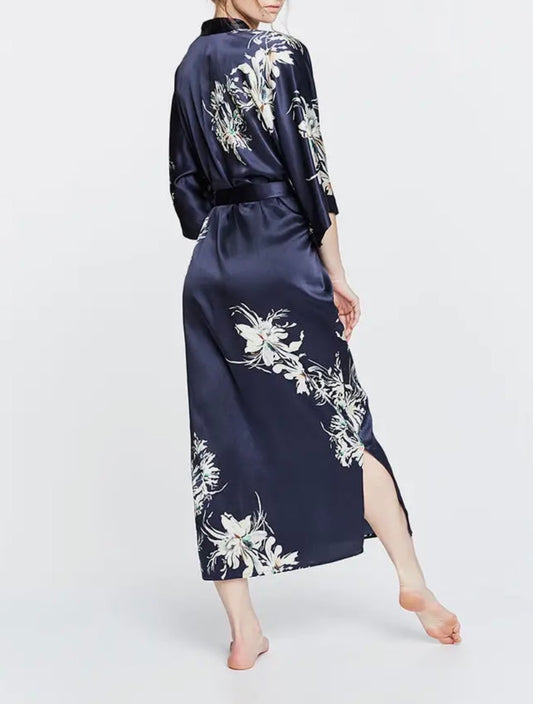 Midnight Washable Silk Yuri Long Kimono Robe