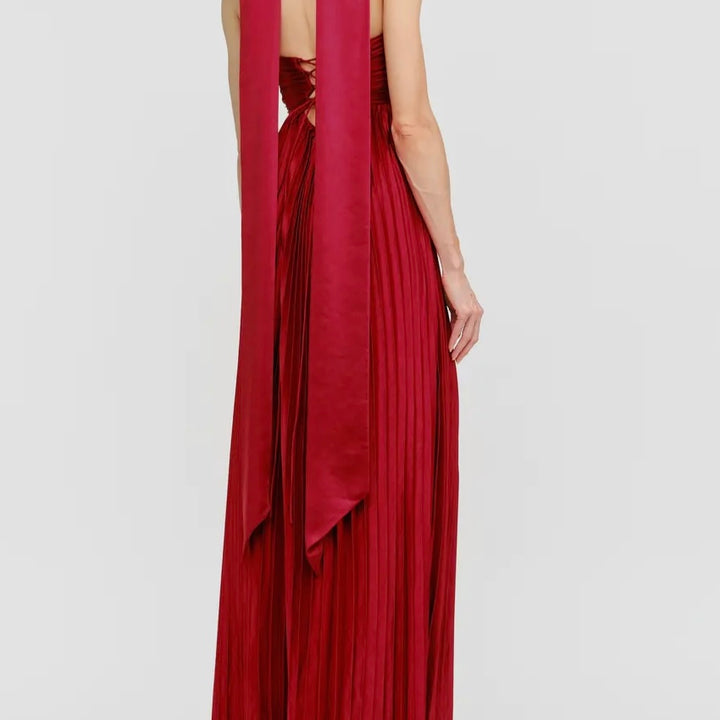 Red Aster Satin Pleated Maxi Dress