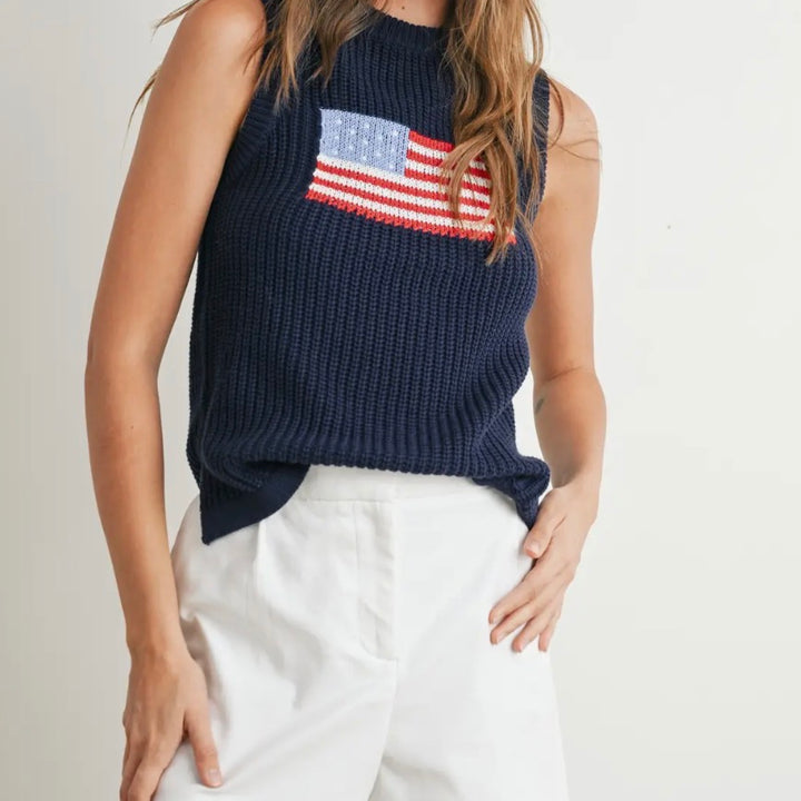 Navy Flag Print Knitted Sleeveless Sweater