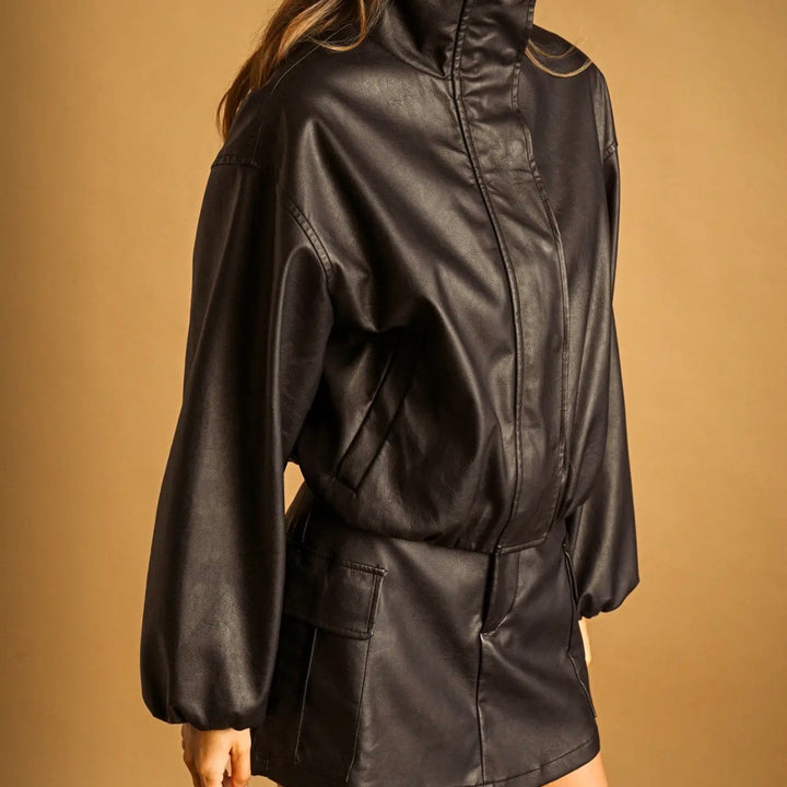 Black Leather Balloon Jacket
