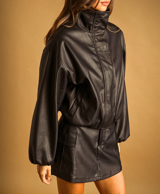 Black Leather Balloon Jacket