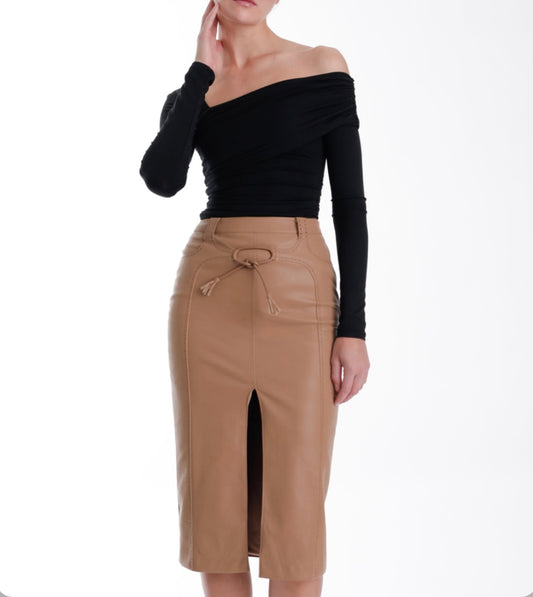 Chestnut Mona Vegan Leather Midi Skirt