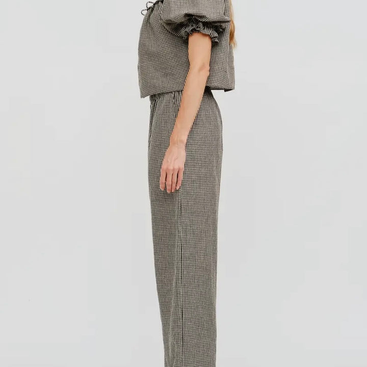 Taupe Gingham Bijou Linen Top