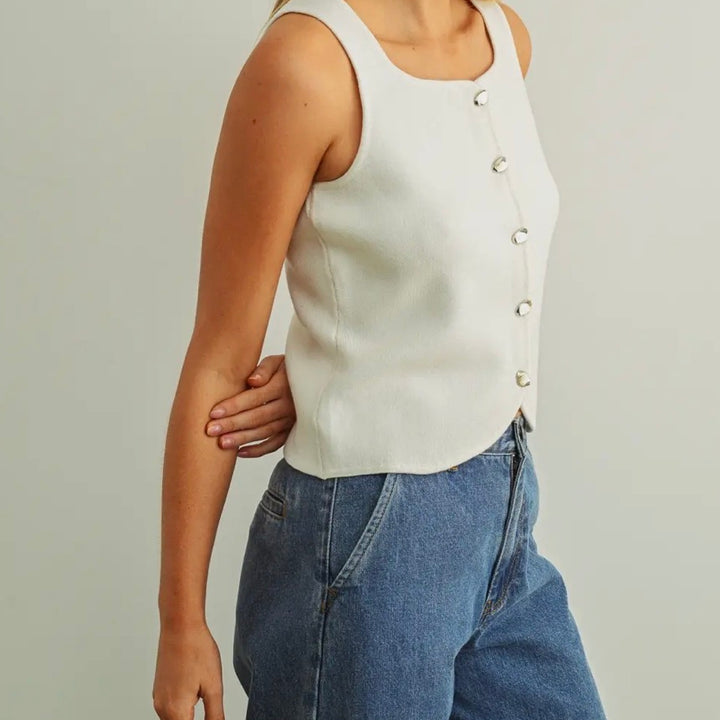 Cream Sleeveless Knitted Button Vest