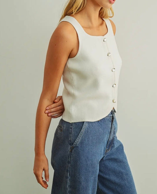 Cream Sleeveless Knitted Button Vest