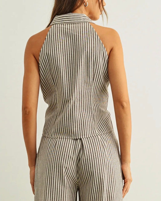 Brown Striped Collared Sleeveless Blouse