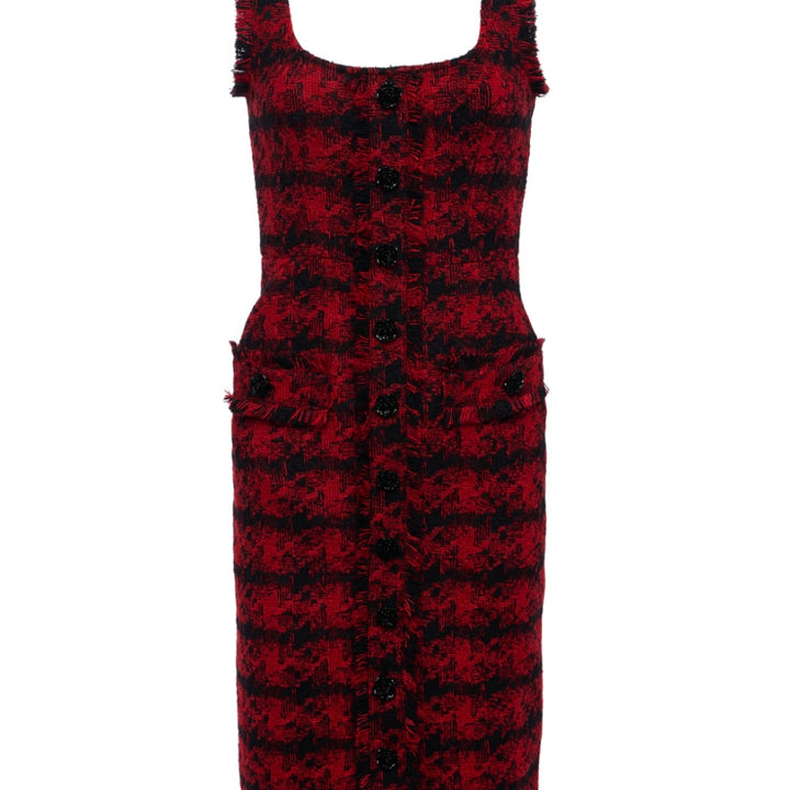 Red-Black Houndstooth Aya Tweed Midi Dress