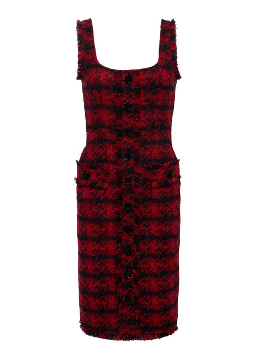 Red-Black Houndstooth Aya Tweed Midi Dress