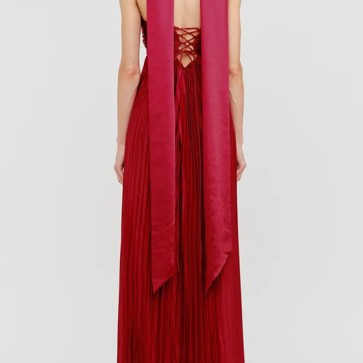 Red Aster Satin Pleated Maxi Dress