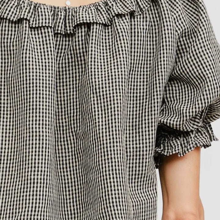 Taupe Gingham Bijou Linen Top