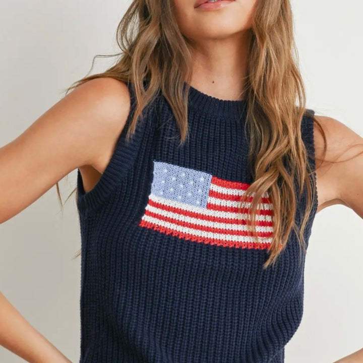 Navy Flag Print Knitted Sleeveless Sweater