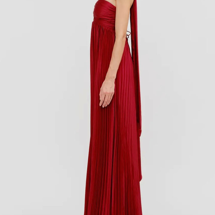 Red Aster Satin Pleated Maxi Dress