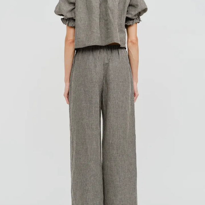 Taupe Gingham Bijou Linen Top
