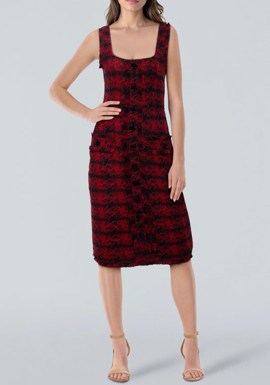Red-Black Houndstooth Aya Tweed Midi Dress