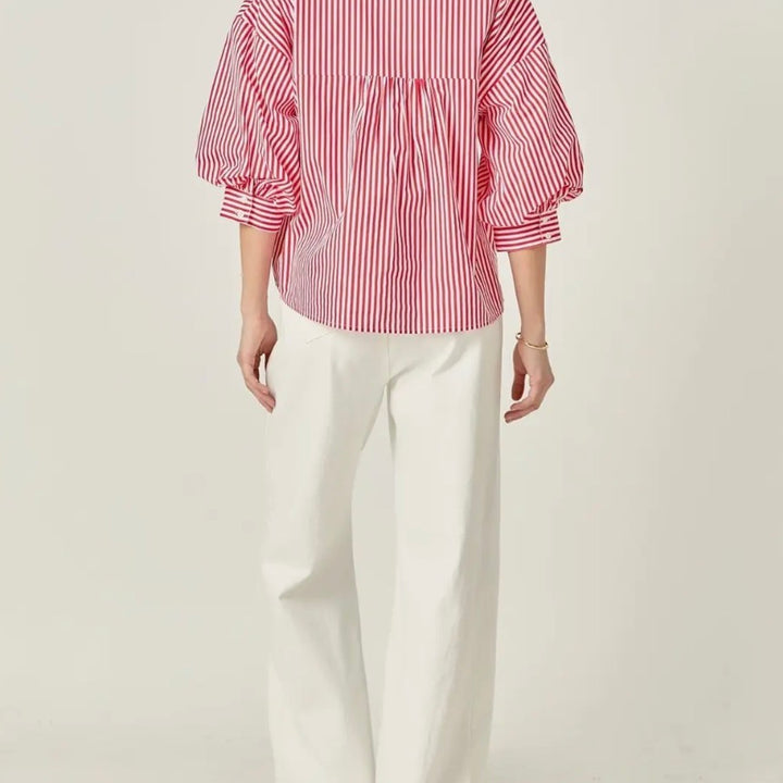 Red Harper Balloon Sleeve Striped Shirt