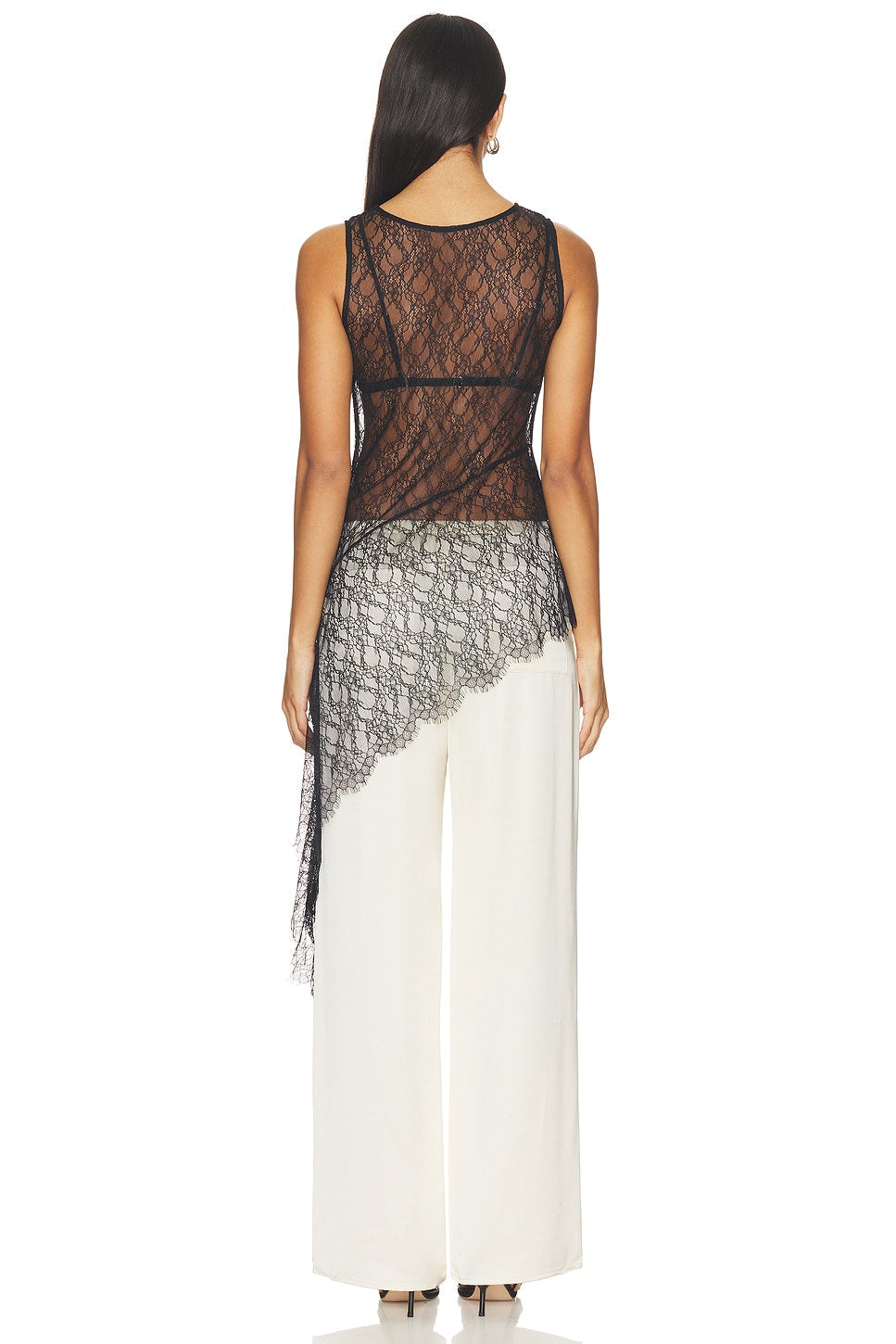 Black Sheer Lace Asymmetrical Cascade Top back