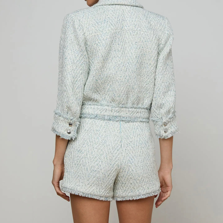 Blue Chevron Jia Crop Fringe Jacket