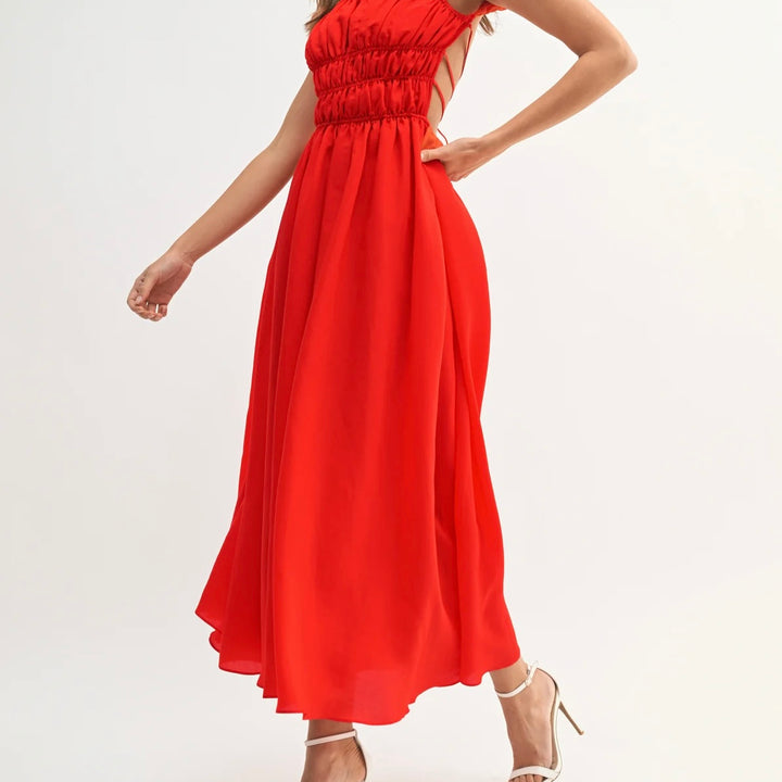 Braelynn Gathered Puff Sleeve Midi Dress