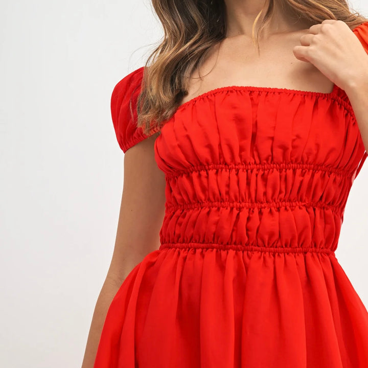 Braelynn Gathered Puff Sleeve Midi Dress