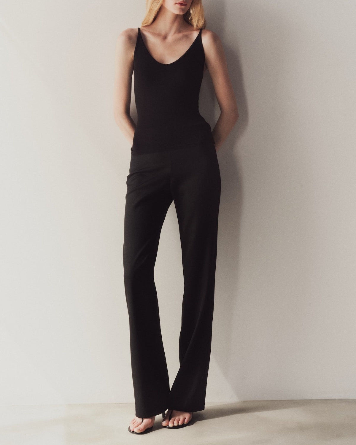 Black Fluid Silk Rib Cami styled