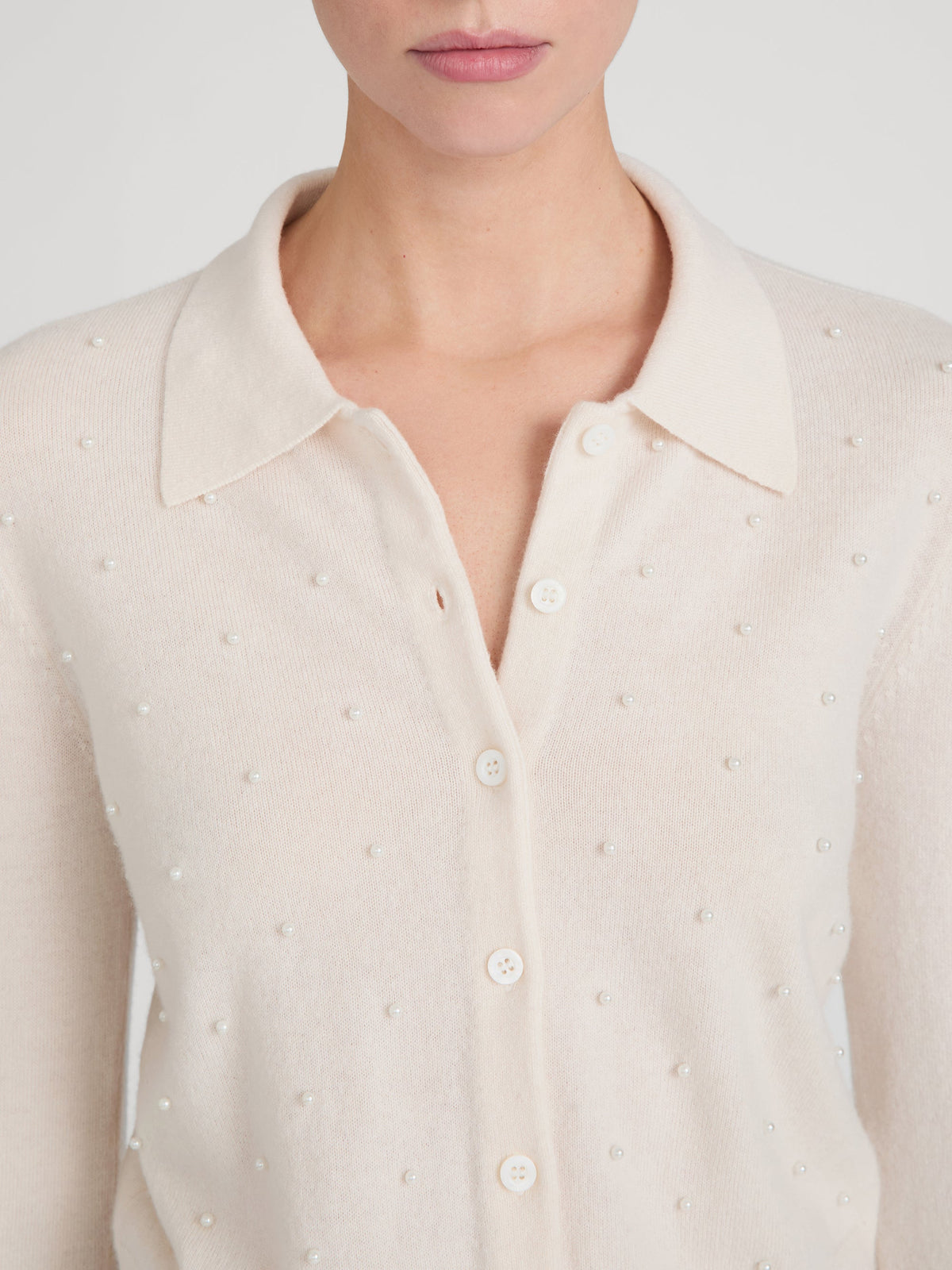 FRAME Cream Pearl Cardi collar and pearl detail