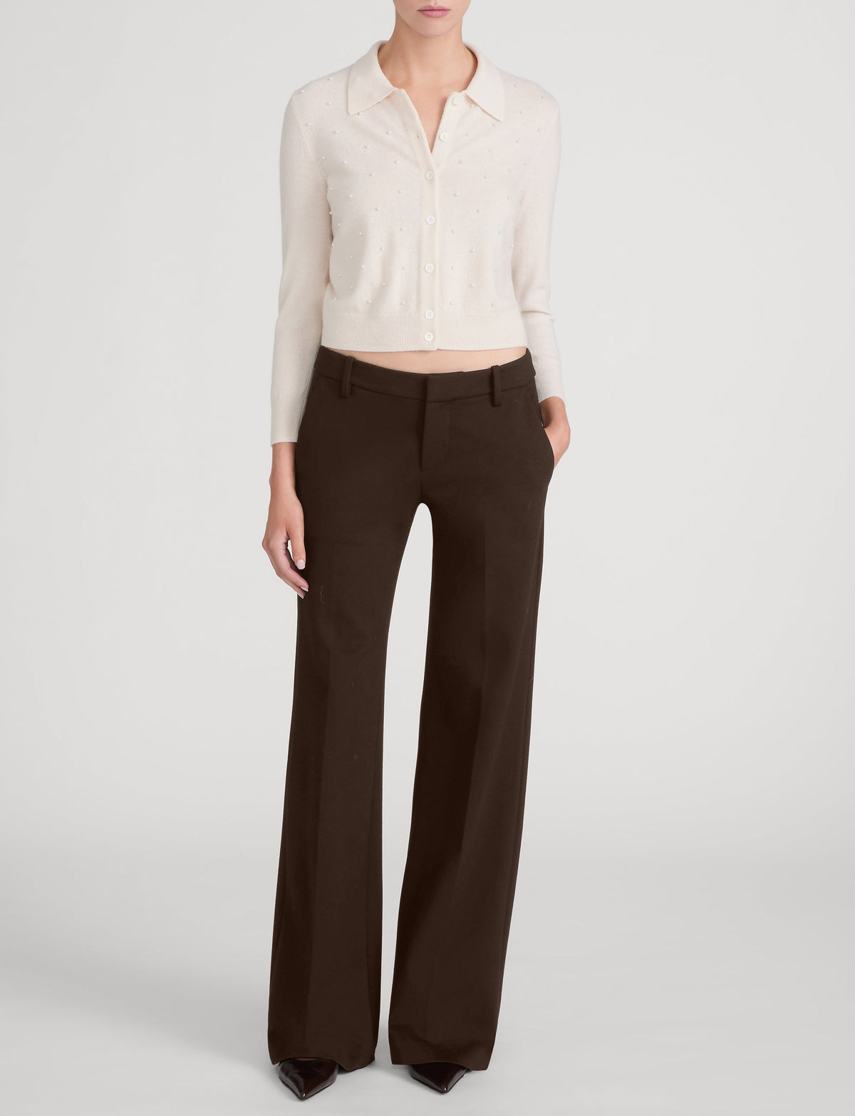 FRAME Cream Pearl Cardi on model, full length