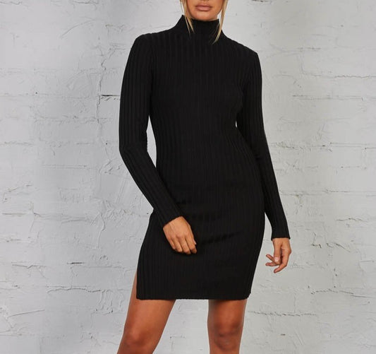Black Isla Ribbed Turtle Neck Dress